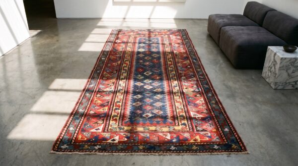 Antique kazak hallway runner wool blue rug 2 Antique kazak hallway runner wool blue rug (sku 19959) - styled overhead view