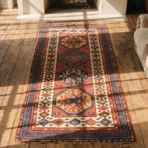 Antique Kazak Hallway Runner Wool Coral Rug (SKU 18866) - styled overhead view