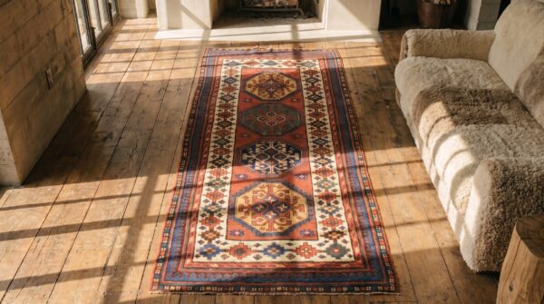 Antique kazak hallway runner wool coral rug (sku 18866) - styled overhead view