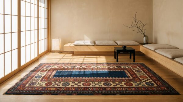 Antique kazak small scatter size wool blue rug 6 Antique kazak small scatter size wool blue rug (sku 18450) - room view