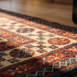 Antique Kazak Small Scatter Size Wool Blue Rug (SKU 18450) - in-room detail