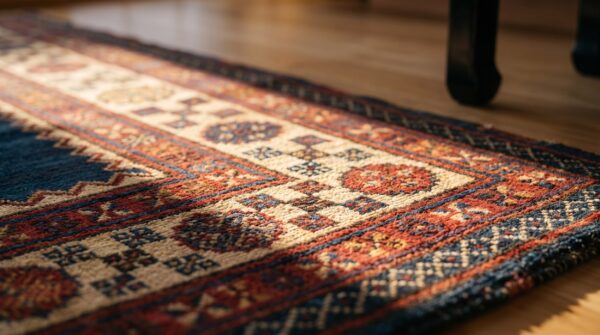 Antique kazak small scatter size wool blue rug 7 Antique kazak small scatter size wool blue rug (sku 18450) - in-room detail