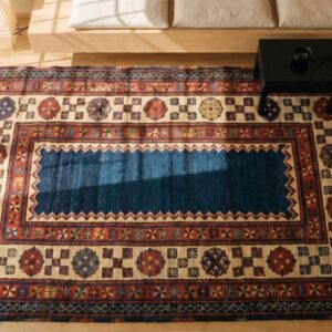 Antique Kazak Small Scatter Size Wool Blue Rug (SKU 18450) - styled overhead view
