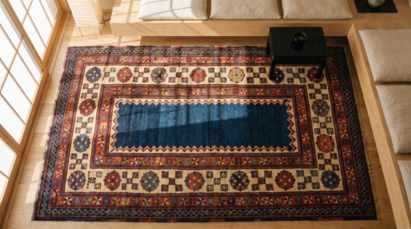 Antique kazak small scatter size wool blue rug 2 Antique kazak small scatter size wool blue rug (sku 18450) - styled overhead view