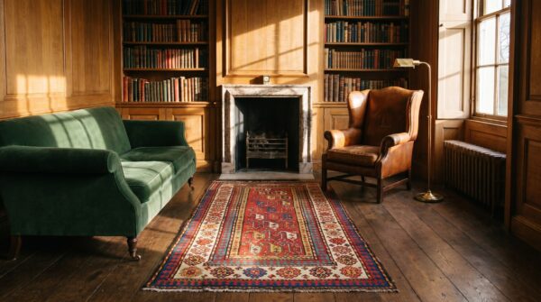 Antique kazak small scatter size wool coral rug 4 Antique kazak small scatter size wool coral rug (sku 18598) - room view