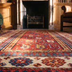 Antique Kazak Small Scatter Size Wool Coral Rug (SKU 18598) - in-room detail