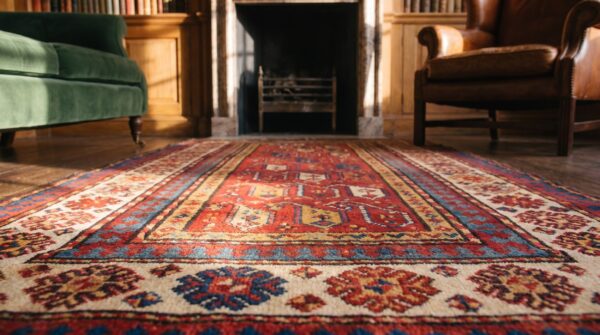 Antique kazak small scatter size wool coral rug 5 Antique kazak small scatter size wool coral rug (sku 18598) - in-room detail