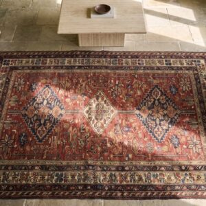 Antique khamse Hallway Runner Wool Red Rug (SKU 17991) - styled overhead view