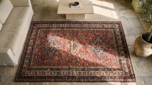 Antique khamse hallway runner wool red rug 2 Antique khamse hallway runner wool red rug (sku 17991) - styled overhead view