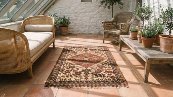 Antique khamse small scatter size wool ivory rug 10 Antique khamse small scatter size wool ivory rug (sku 18207) - room view