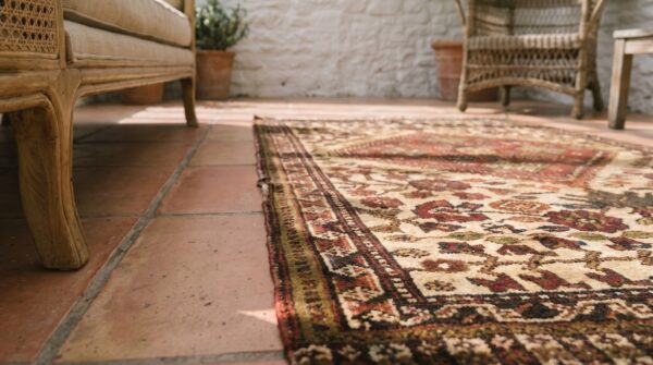 Antique khamse small scatter size wool ivory rug 11 Antique khamse small scatter size wool ivory rug (sku 18207) - in-room detail