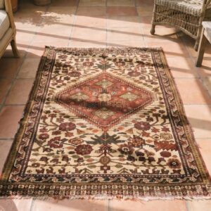 Antique khamse Small Scatter Size Wool Ivory Rug (SKU 18207) - styled overhead view
