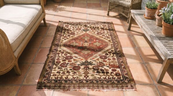 Antique khamse small scatter size wool ivory rug 2 Antique khamse small scatter size wool ivory rug (sku 18207) - styled overhead view