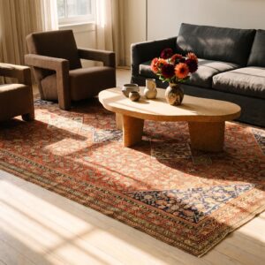 Antique Khamseh Persian Geometric Knotted Red Rug (SKU 24334) - room view