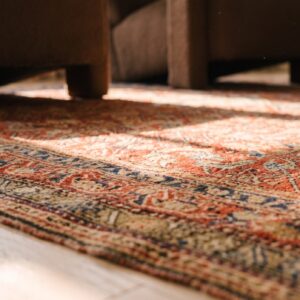 Antique Khamseh Persian Geometric Knotted Red Rug (SKU 24334) - in-room detail