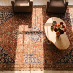Antique Khamseh Persian Geometric Knotted Red Rug (SKU 24334) - styled overhead view