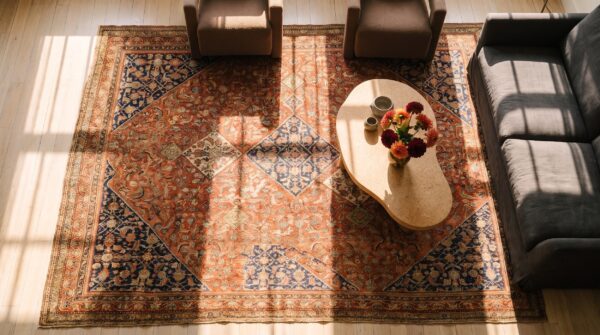 Antique khamseh persian geometric knotted red rug 2 Antique khamseh persian geometric knotted red rug (sku 24334) - styled overhead view