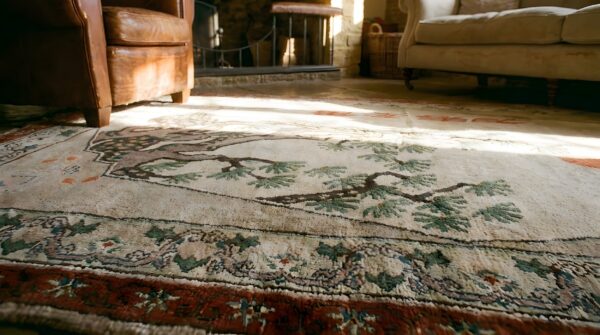 Antique khotan allover hand knotted east turkestan scenic rug 7 Antique khotan allover hand knotted east turkestan scenic rug (sku 23778) - in-room detail