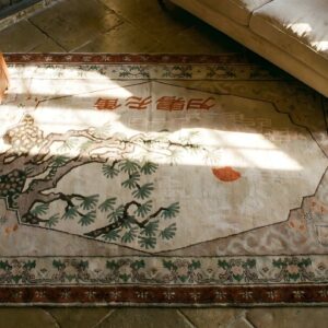 Antique Khotan Allover Hand Knotted East Turkestan Scenic Rug (SKU 23778) - styled overhead view