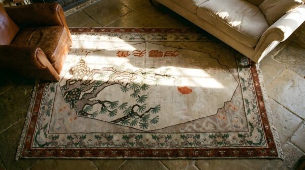 Antique khotan allover hand knotted east turkestan scenic rug 2 Antique khotan allover hand knotted east turkestan scenic rug (sku 23778) - styled overhead view