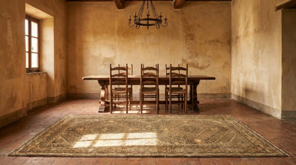 Antique khotan allover geometric east turkestan hand knotted pile brown color gallery rug 7 Antique khotan allover geometric east turkestan hand knotted pile brown color gallery rug (sku 20031) - room view