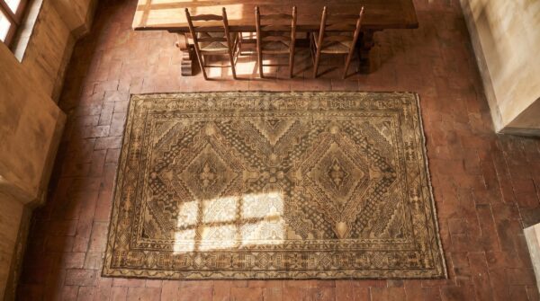 Antique khotan allover geometric east turkestan hand knotted pile brown color gallery rug 2 Antique khotan allover geometric east turkestan hand knotted pile brown color gallery rug (sku 20031) - styled overhead view