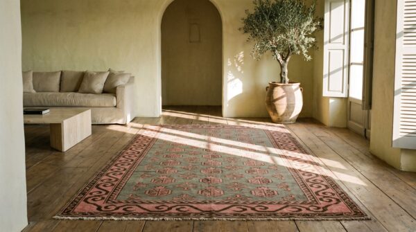 Antique khotan allover geometric pomegranate pattern east turkestan hand knotted pile rug 8 Antique khotan allover geometric pomegranate pattern east turkestan hand knotted pile rug (sku 21228) - room view
