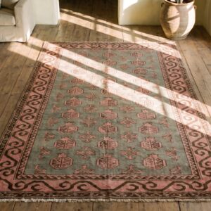 Antique Khotan Allover Geometric Pomegranate Pattern East Turkestan Hand Knotted Pile Rug (SKU 21228) - styled overhead view