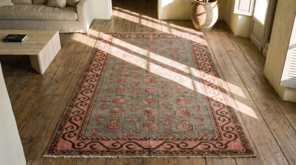 Antique khotan allover geometric pomegranate pattern east turkestan hand knotted pile rug 2 Antique khotan allover geometric pomegranate pattern east turkestan hand knotted pile rug (sku 21228) - styled overhead view