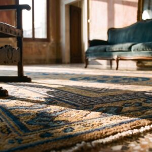 Antique Khotan Carpet 6'3"×13'5" Plum & Yellow Medallion, Circa 1870, East Turkestan (SKU 19023) - in-room detail
