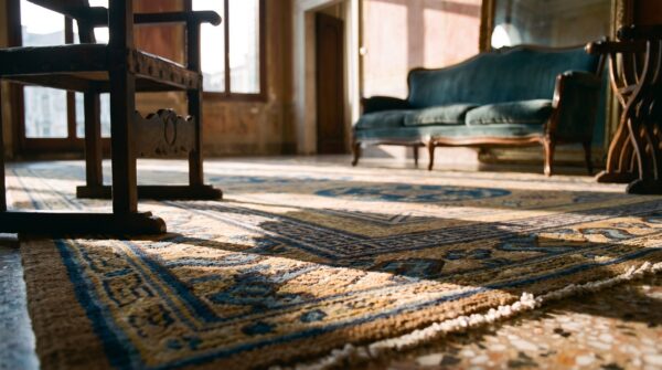 Antique khotan carpet 6'3"×13'5" plum & yellow medallion, circa 1870, east turkestan 9 Antique khotan carpet 6'3"×13'5" plum & yellow medallion, circa 1870, east turkestan (sku 19023) - in-room detail