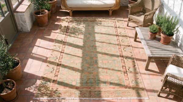 Antique khotan east turkestan allover pomegranate design hand knotted pile rug 2 Antique khotan east turkestan allover pomegranate design hand knotted pile rug (sku 21229) - styled overhead view