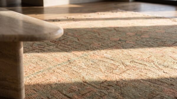 Antique khotan wool ivory beige cream white hand knotted pile east turkestan rug 8 Antique khotan wool ivory beige cream white hand knotted pile east turkestan rug (sku 21227) - in-room detail