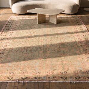 Antique Khotan Wool Ivory Beige Cream White Hand Knotted Pile East Turkestan Rug (SKU 21227) - styled overhead view