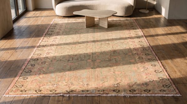 Antique khotan wool ivory beige cream white hand knotted pile east turkestan rug 2 Antique khotan wool ivory beige cream white hand knotted pile east turkestan rug (sku 21227) - styled overhead view