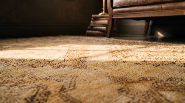 Antique khotan room size wool pile east turkestan yellow rug 7 Antique khotan room size wool pile east turkestan yellow rug (sku 20034) - in-room detail