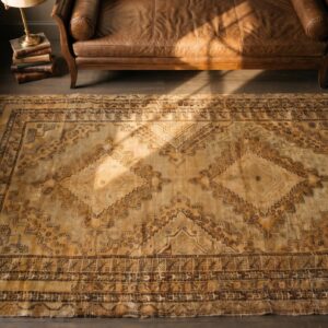 Antique Khotan Room Size Wool Pile East Turkestan Yellow Rug (SKU 20034) - styled overhead view