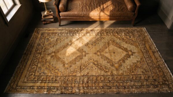 Antique khotan room size wool pile east turkestan yellow rug 2 Antique khotan room size wool pile east turkestan yellow rug (sku 20034) - styled overhead view