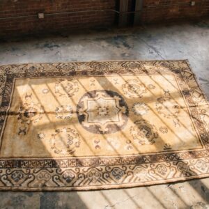Antique Khotan Small Scatter Size Wool Pile East Turkestan Rug (SKU 19647) - styled overhead view