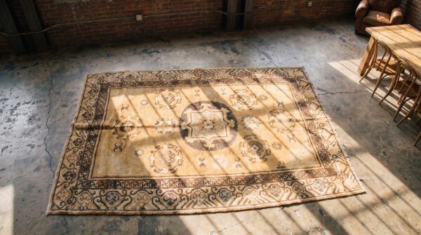 Antique khotan small scatter size wool pile east turkestan rug 2 Antique khotan small scatter size wool pile east turkestan rug (sku 19647) - styled overhead view