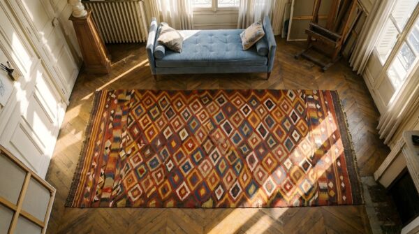 Antique kilim afghanistan flat weave rug 2 Antique kilim afghanistan flat weave rug (sku 23254) - styled overhead view