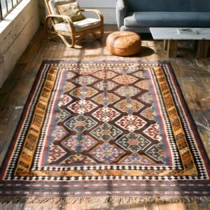 Antique Kilim - Ghashgaie Persian Flat Weave Rug (SKU 22024) - styled overhead view