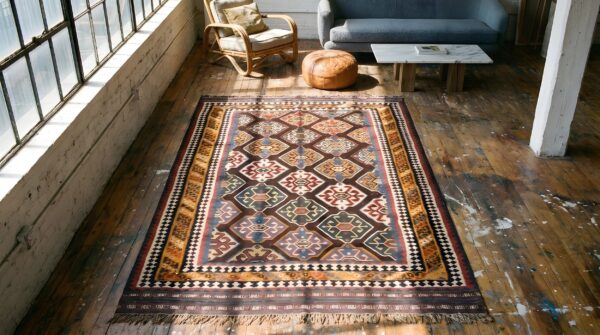 Antique kilim - ghashgaie persian flat weave rug 2 Antique kilim - ghashgaie persian flat weave rug (sku 22024) - styled overhead view