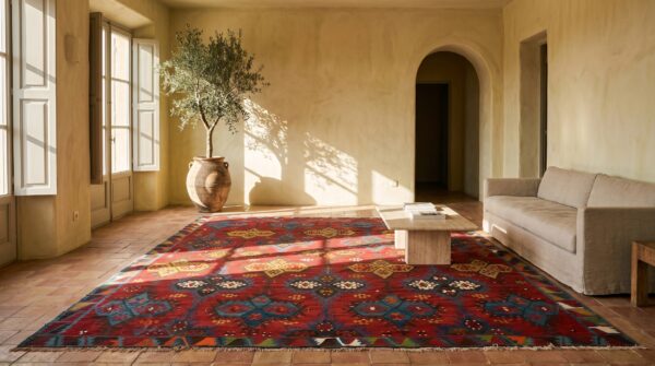 Antique kilim - oushak room size wool red rug 10 Antique kilim - oushak room size wool red rug (sku 22642) - room view