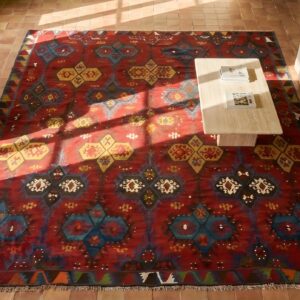 Antique Kilim - Oushak Room Size Wool Red Rug (SKU 22642) - styled overhead view