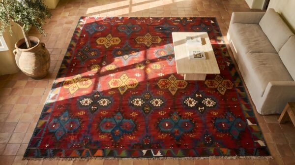 Antique kilim - oushak room size wool red rug 2 Antique kilim - oushak room size wool red rug (sku 22642) - styled overhead view