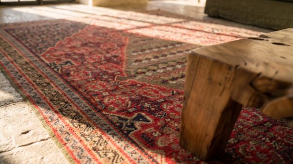 Antique kilim - senneh small scatter size wool multicolor rug (sku 21430) - in-room detail