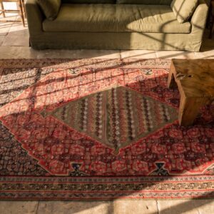 Antique Kilim - Senneh Small Scatter Size Wool Multicolor Rug (SKU 21430) - styled overhead view