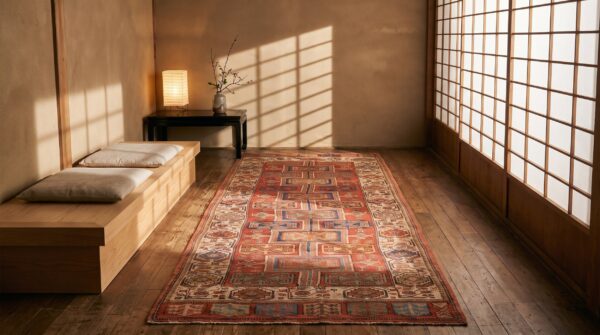 Antique konya hallway runner wool coral rug 2 Antique konya hallway runner wool coral rug (sku 20992) - styled overhead view