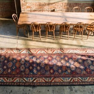 Antique Kurdish Blue Wool Hallway Runner Rug (SKU 21542) - styled overhead view